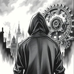 A black and white drawing depicting a man in a hood standing with his back to the viewer, gazing at city ruins engulfed in flames