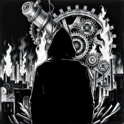 A black and white drawing depicting a man in a hood standing with his back to the viewer, gazing at city ruins engulfed in flames
