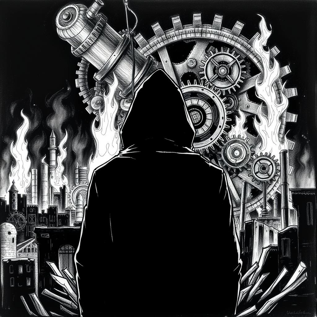 A black and white drawing depicting a man in a hood standing with his back to the viewer, gazing at city ruins engulfed in flames