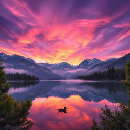 A stunning landscape featuring a serene lake surrounded by majestic mountains under a vibrant sky