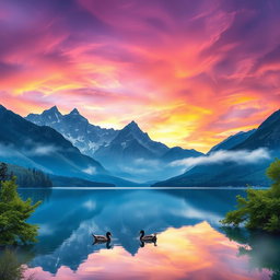 A stunning landscape featuring a serene lake surrounded by majestic mountains under a vibrant sky