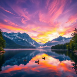 A stunning landscape featuring a serene lake surrounded by majestic mountains under a vibrant sky