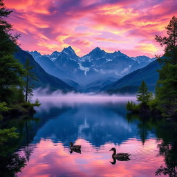A stunning landscape featuring a serene lake surrounded by majestic mountains under a vibrant sky
