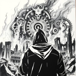 A striking black and white drawing featuring a man in a hood, seen from the back, gazing contemplatively at ruins engulfed in flames