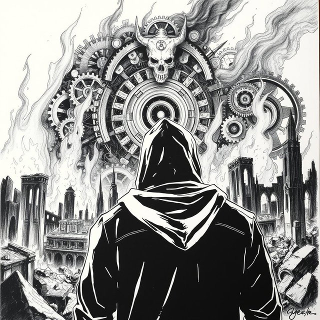 A striking black and white drawing featuring a man in a hood, seen from the back, gazing contemplatively at ruins engulfed in flames
