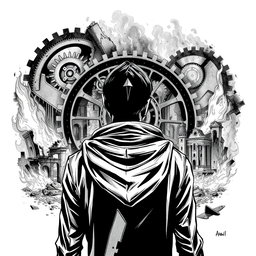 A striking black and white drawing featuring a man in a hood, seen from the back, gazing contemplatively at ruins engulfed in flames