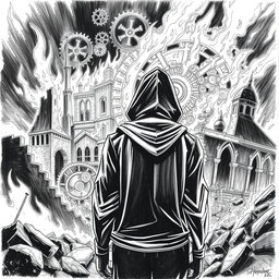 A striking black and white drawing featuring a man in a hood, seen from the back, gazing contemplatively at ruins engulfed in flames