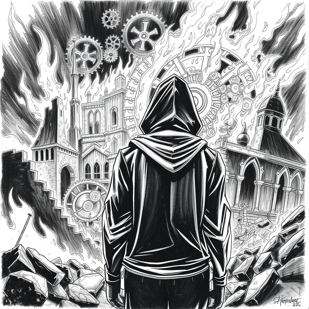 A striking black and white drawing featuring a man in a hood, seen from the back, gazing contemplatively at ruins engulfed in flames