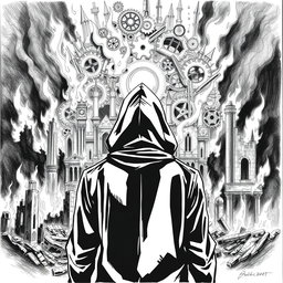 A striking black and white drawing featuring a man in a hood, seen from the back, gazing contemplatively at ruins engulfed in flames
