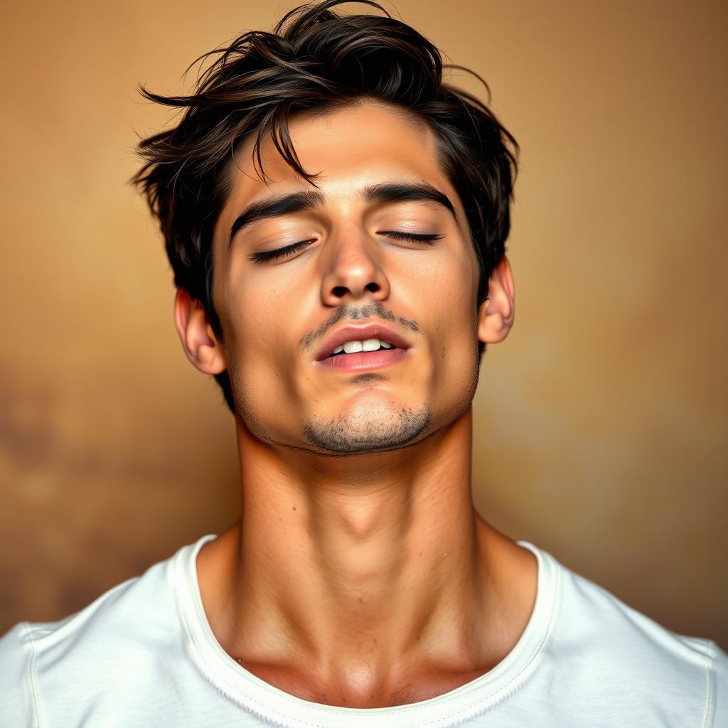 A handsome male model with defined features, slightly tousled dark hair, and a confident expression standing against a soft, artistic background