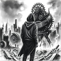 A dramatic black and white drawing of a man in a hood standing with his back to the viewer, gazing at the ruins of a city engulfed in flames