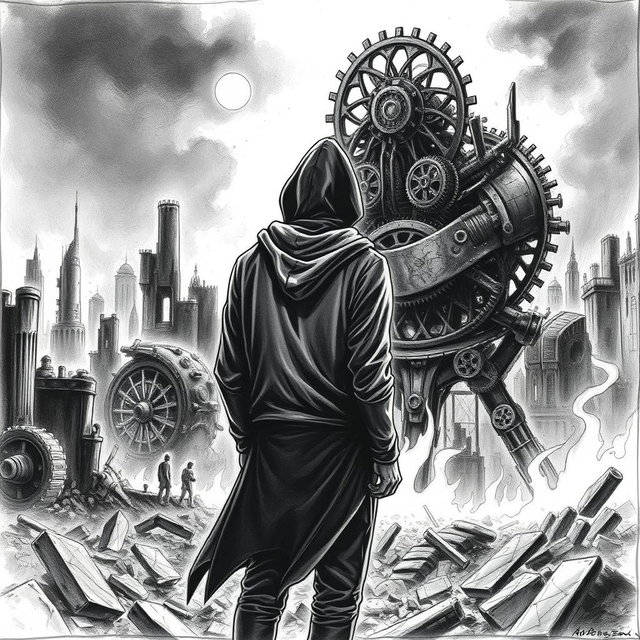 A dramatic black and white drawing of a man in a hood standing with his back to the viewer, gazing at the ruins of a city engulfed in flames