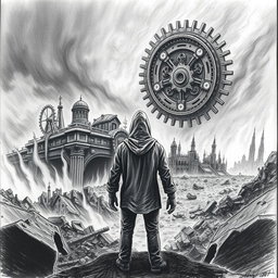 A dramatic black and white drawing of a man in a hood standing with his back to the viewer, gazing at the ruins of a city engulfed in flames