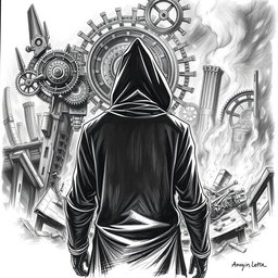 A dramatic black and white drawing of a man in a hood standing with his back to the viewer, gazing at the ruins of a city engulfed in flames