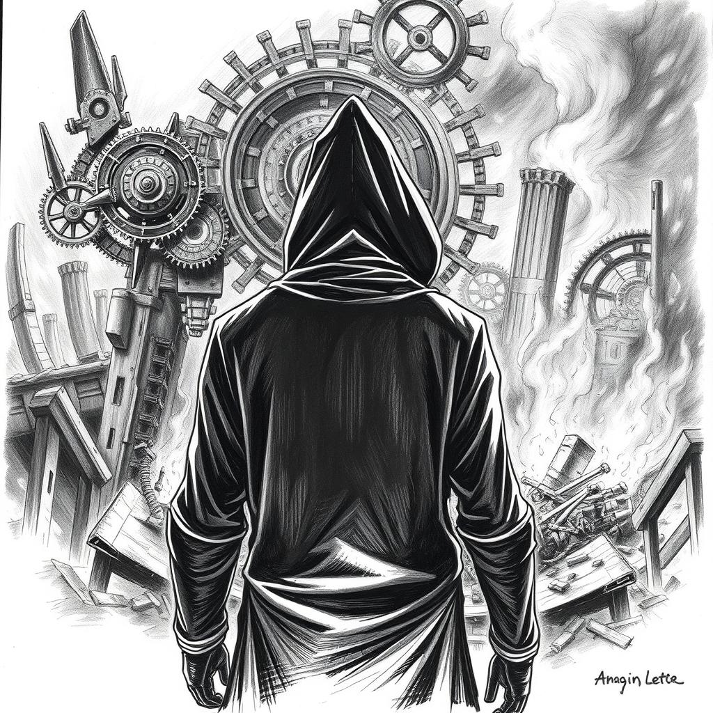 A dramatic black and white drawing of a man in a hood standing with his back to the viewer, gazing at the ruins of a city engulfed in flames
