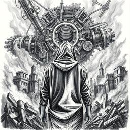 A dramatic black and white drawing of a man in a hood standing with his back to the viewer, gazing at the ruins of a city engulfed in flames