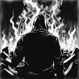 A black and white drawing depicting a man in a hood viewed from the back, standing in front of fiery ruins