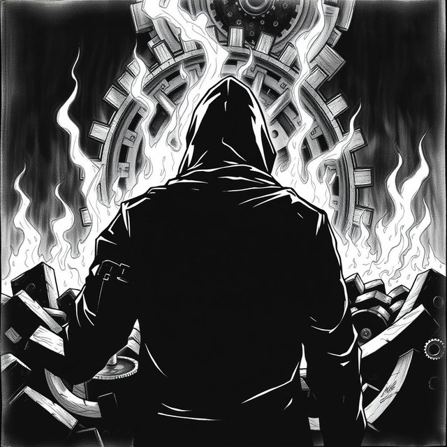 A black and white drawing depicting a man in a hood viewed from the back, standing in front of fiery ruins