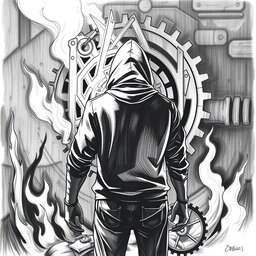 A black and white drawing depicting a man in a hood viewed from the back, standing in front of fiery ruins