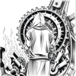 A black and white drawing depicting a man in a hood viewed from the back, standing in front of fiery ruins