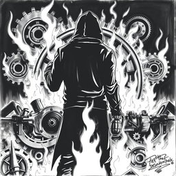 A black and white drawing depicting a man in a hood viewed from the back, standing in front of fiery ruins