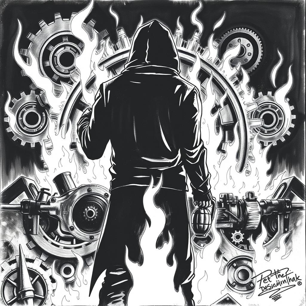 A black and white drawing depicting a man in a hood viewed from the back, standing in front of fiery ruins