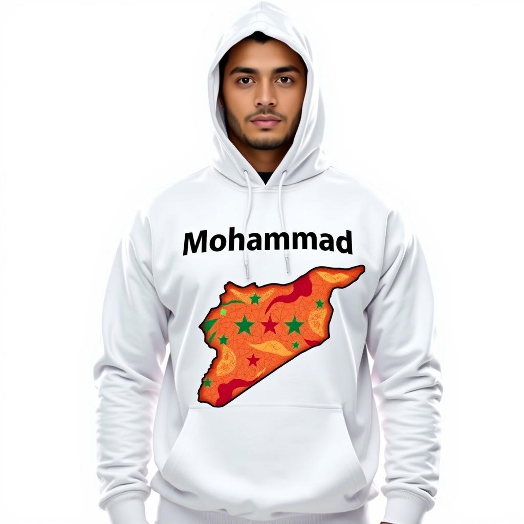 A full-body portrait of a person wearing a white hoodie with the name 'Mohammad' printed prominently on the front