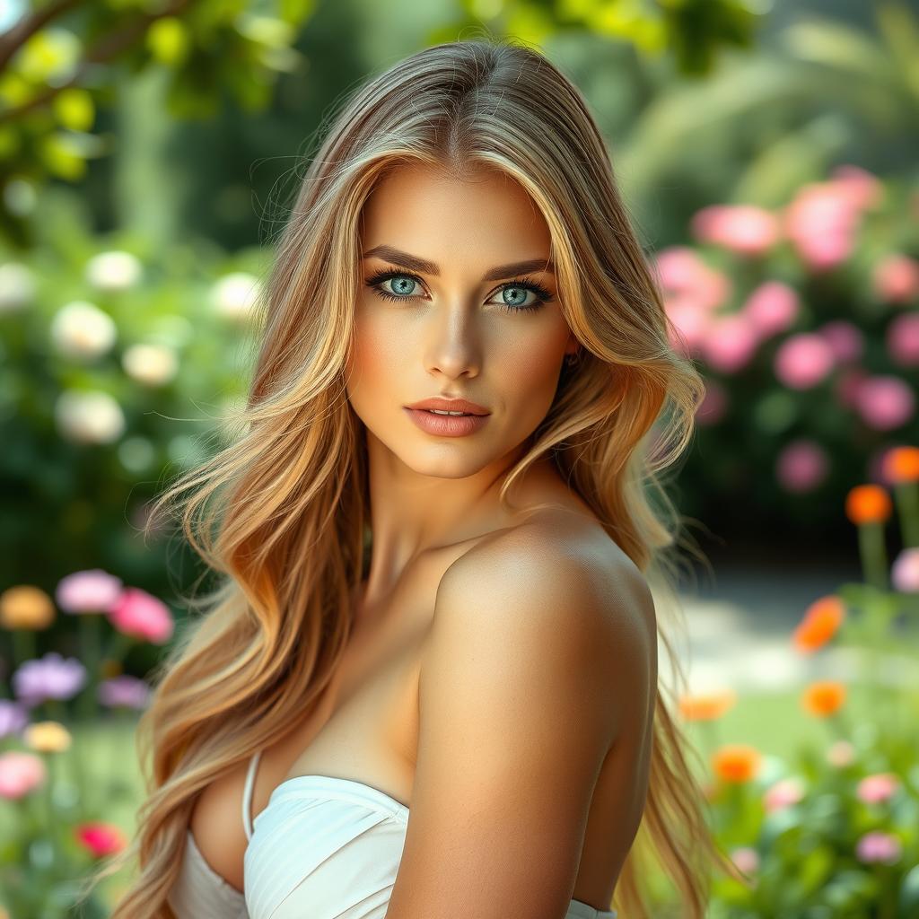A graceful and stunning woman with beautiful blue eyes and long, flowing golden hair