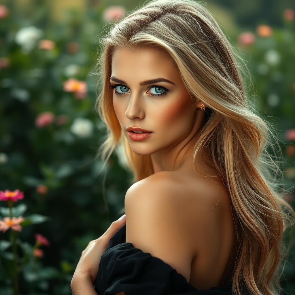 A graceful and stunning woman with beautiful blue eyes and long, flowing golden hair, posed artistically