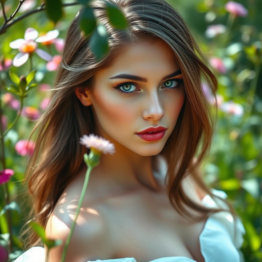 A beautiful and elegant woman with captivating blue eyes and long, flowing hair
