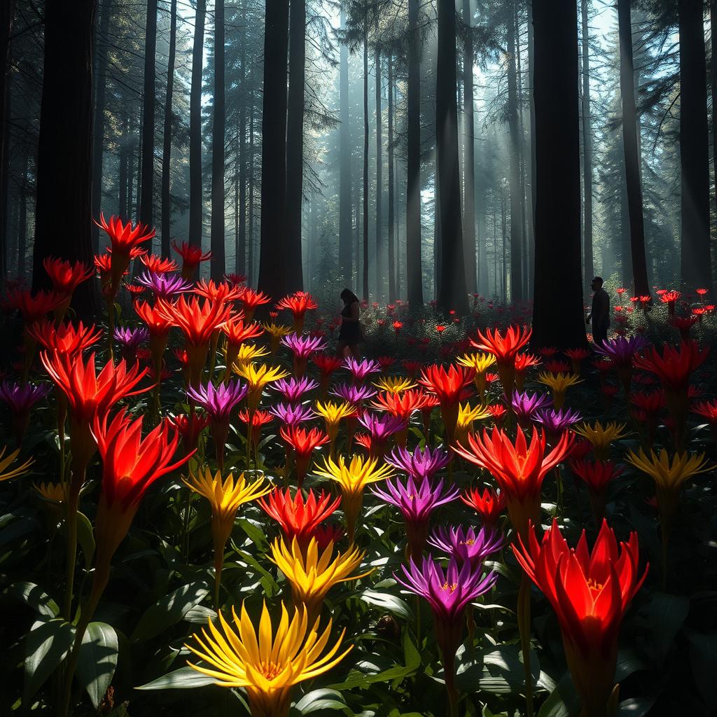A dense, mystical forest teeming with vibrant, colorful flowers, some resembling carnivorous plants, their petals wide open as they appear to lure unsuspecting humans