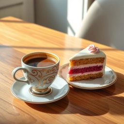 A beautifully styled image of a coffee cup beside a delicious slice of cake, elegantly arranged on a chic table