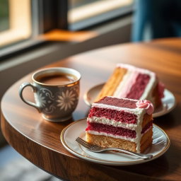 A beautifully styled image of a coffee cup beside a delicious slice of cake, elegantly arranged on a chic table