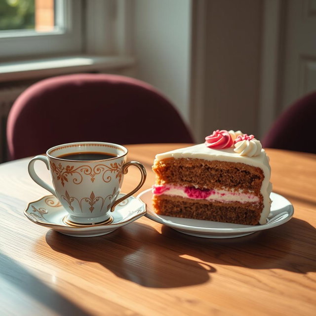 A beautifully styled image of a coffee cup beside a delicious slice of cake, elegantly arranged on a chic table