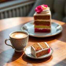 A beautifully styled image of a coffee cup beside a delicious slice of cake, elegantly arranged on a chic table