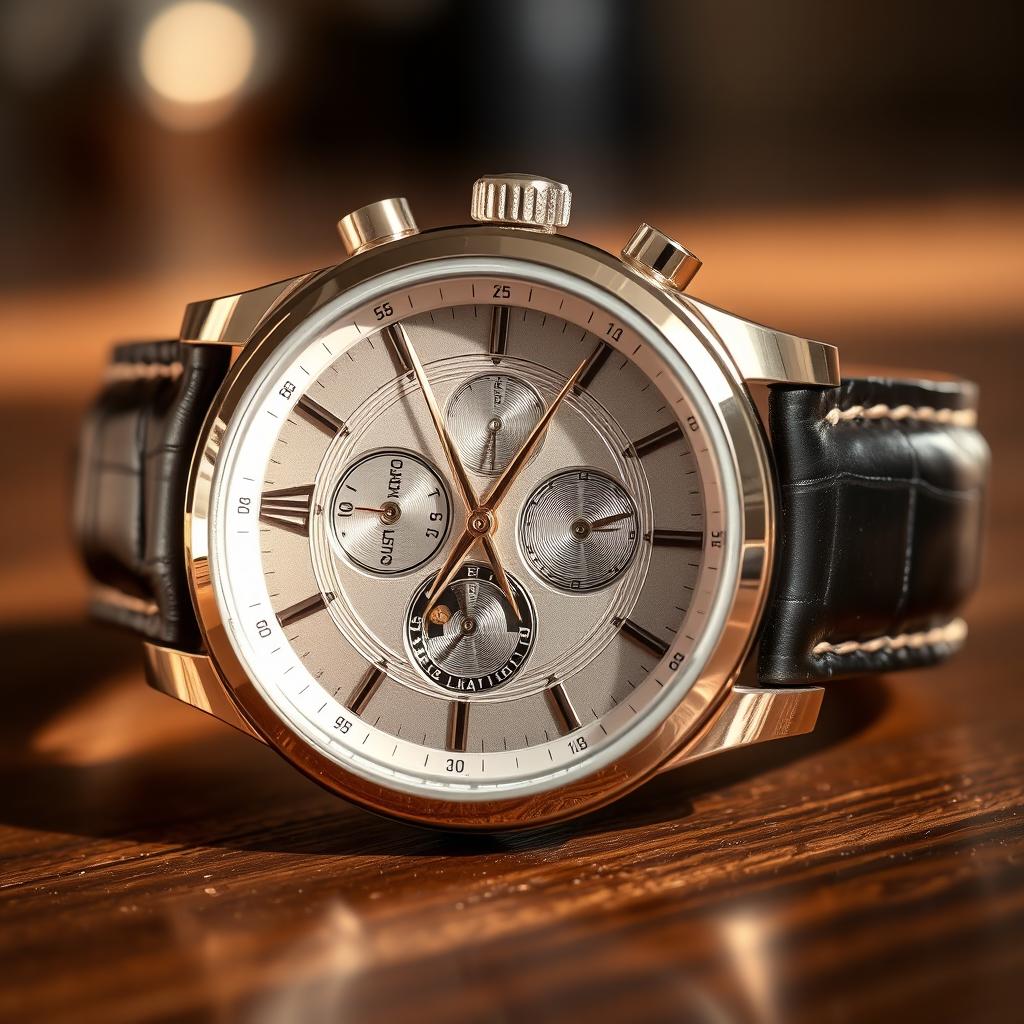 A close-up view of a luxurious wristwatch, showcasing intricate details such as the shimmering metallic casing, a beautifully designed dial with intricate hour markers, and a leather strap with fine stitching