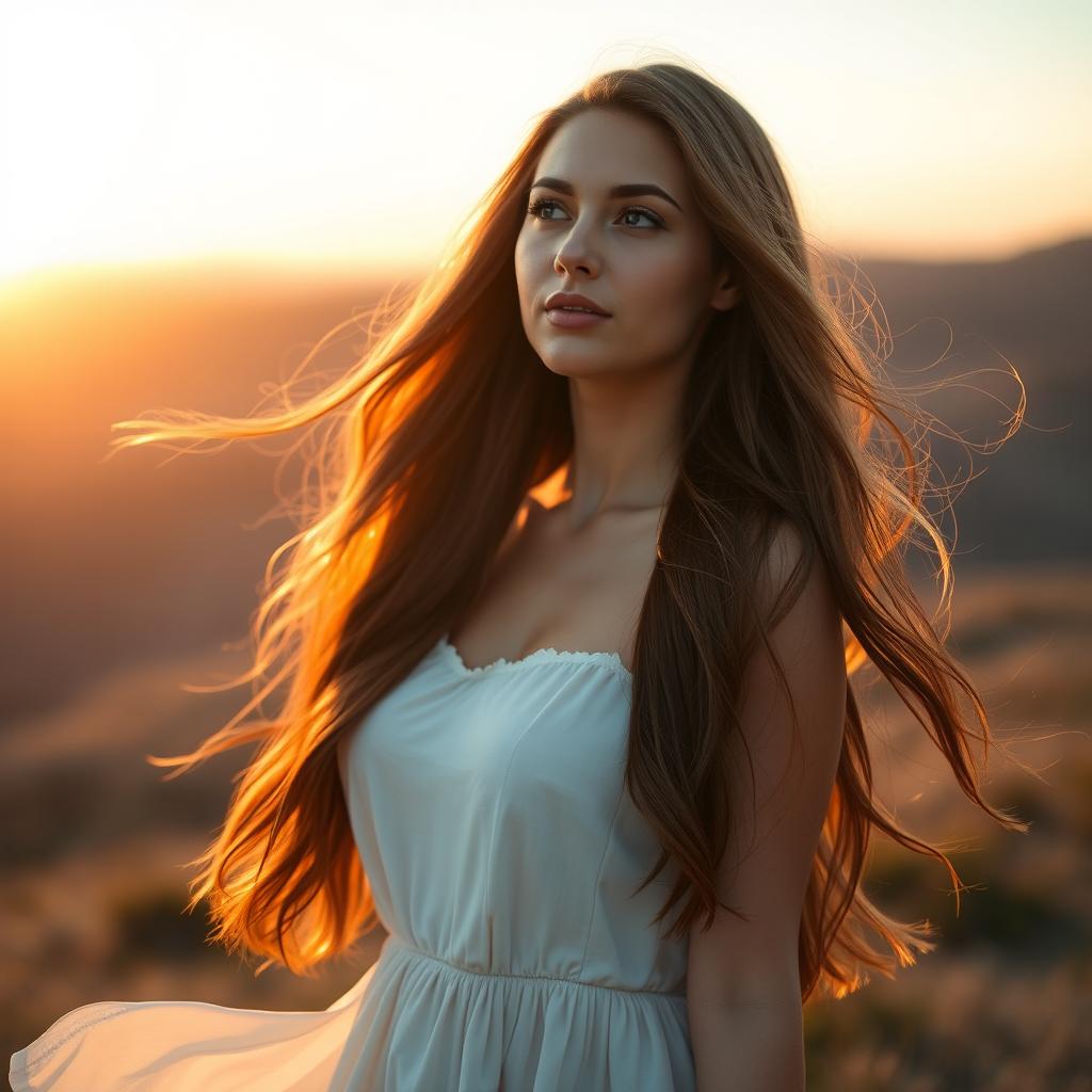 A stunning portrait of a beautiful woman with flowing long hair, gazing thoughtfully into the distance