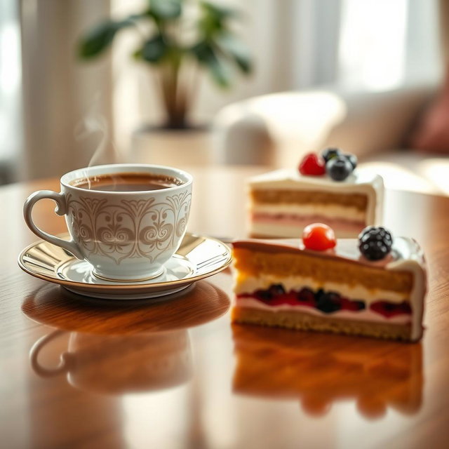 A beautifully arranged scene featuring a steaming cup of coffee next to a slice of delicious cake, elegantly presented on a stylish table