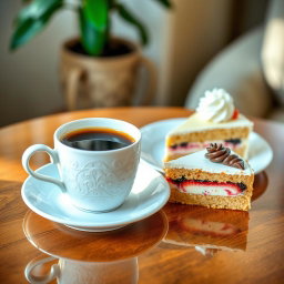 A beautifully arranged scene featuring a steaming cup of coffee next to a slice of delicious cake, elegantly presented on a stylish table
