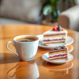 A beautifully arranged scene featuring a steaming cup of coffee next to a slice of delicious cake, elegantly presented on a stylish table