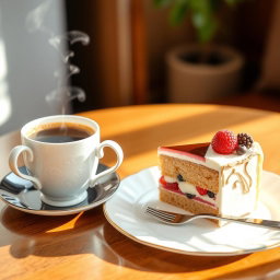 A beautifully arranged scene featuring a steaming cup of coffee next to a slice of delicious cake, elegantly presented on a stylish table
