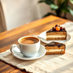 A visually appealing arrangement featuring a steaming cup of coffee alongside a delectable piece of cake, presented elegantly on a stylish table