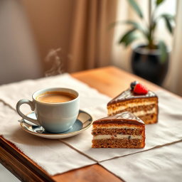 A visually appealing arrangement featuring a steaming cup of coffee alongside a delectable piece of cake, presented elegantly on a stylish table