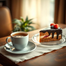 A visually appealing arrangement featuring a steaming cup of coffee alongside a delectable piece of cake, presented elegantly on a stylish table
