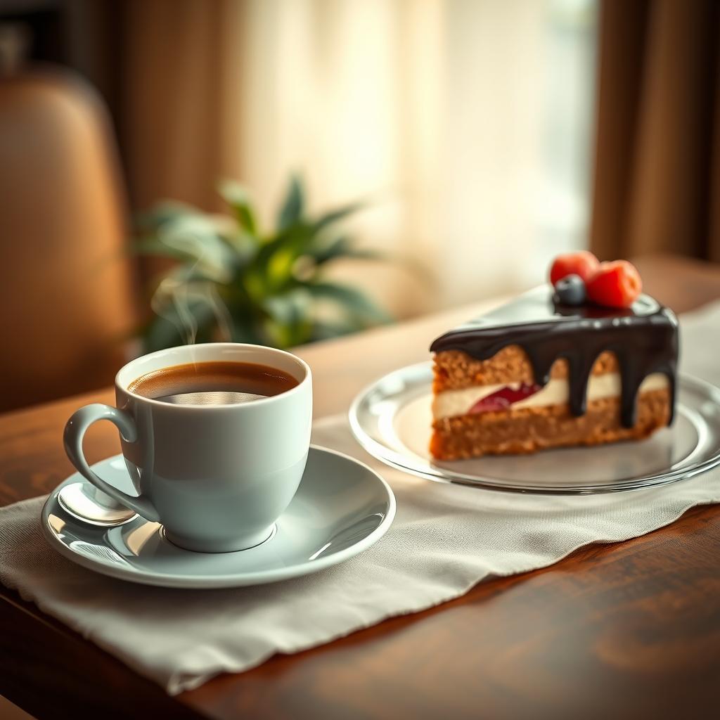 A visually appealing arrangement featuring a steaming cup of coffee alongside a delectable piece of cake, presented elegantly on a stylish table