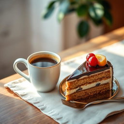 A visually appealing arrangement featuring a steaming cup of coffee alongside a delectable piece of cake, presented elegantly on a stylish table