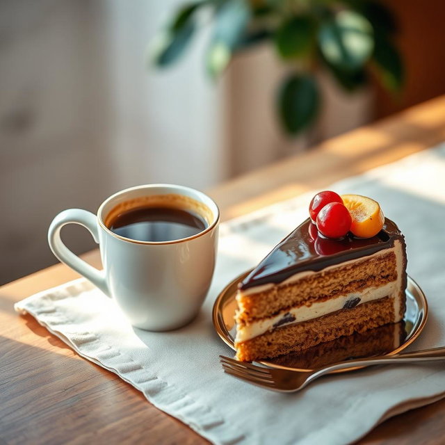 A visually appealing arrangement featuring a steaming cup of coffee alongside a delectable piece of cake, presented elegantly on a stylish table