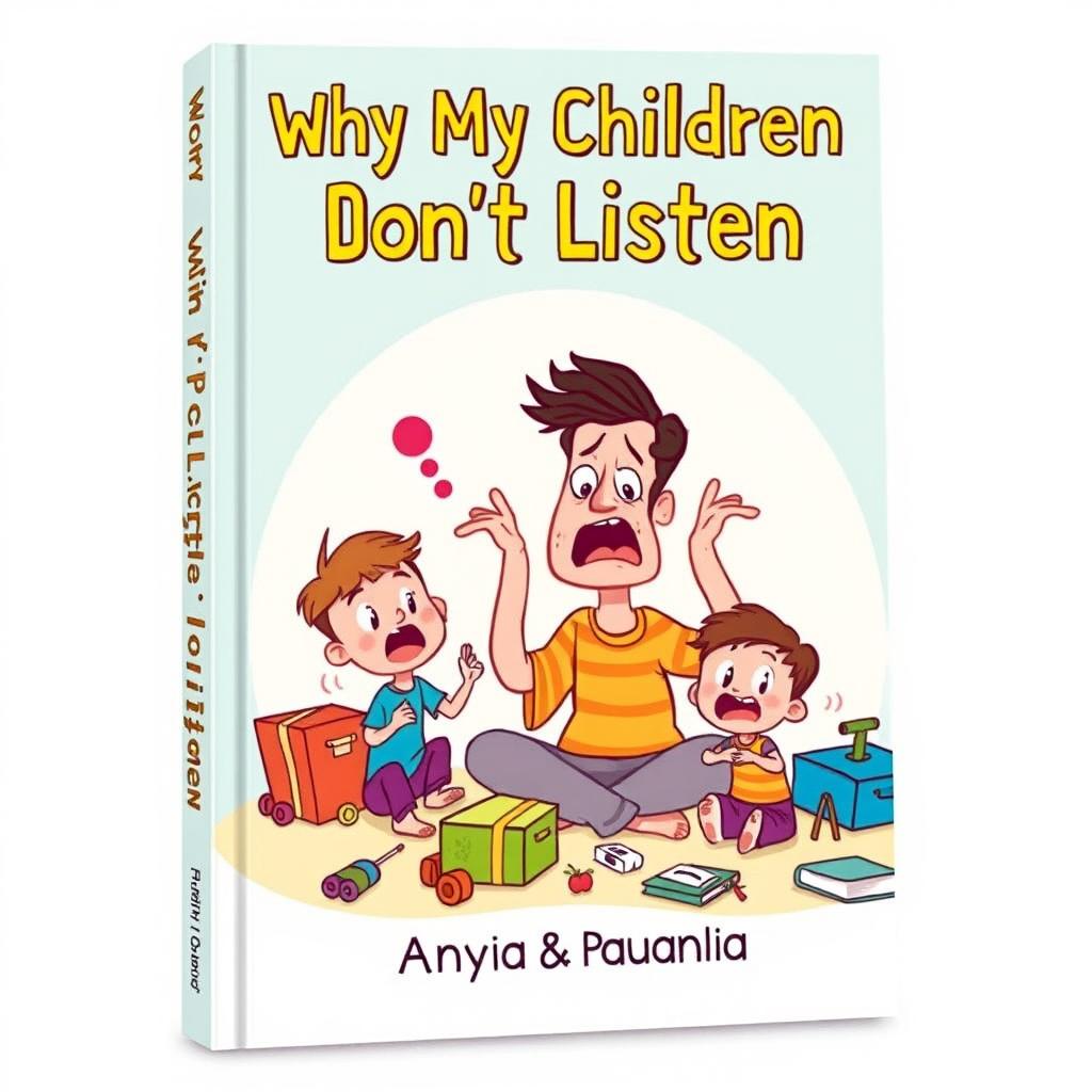 A creative and engaging book cover design for the title 'Why My Children Don't Listen', showcasing a vibrant, whimsical scene depicting a parent looking exasperated while their children play and ignore them