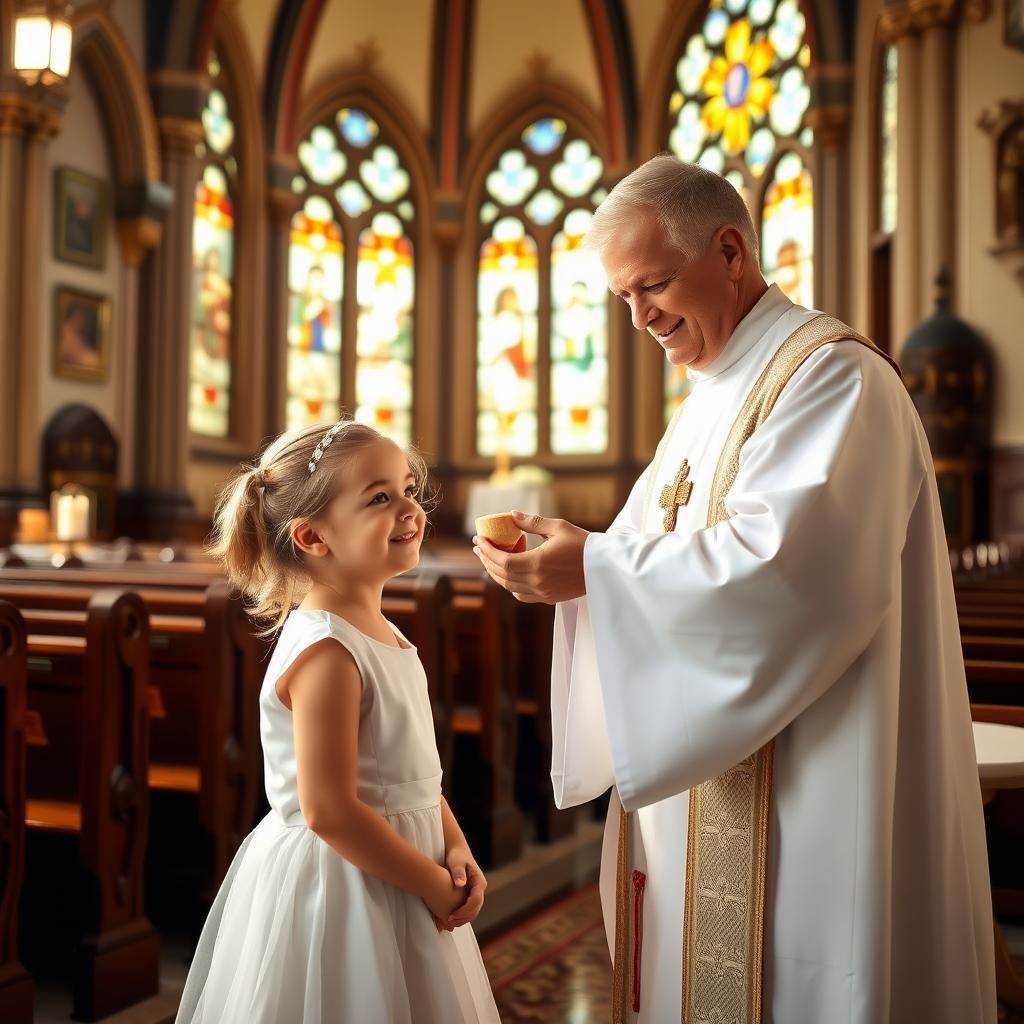 A serene and joyful scene depicting a child receiving Holy Communion in a beautiful church
