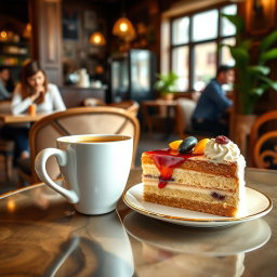 A charming café scene featuring an elegant arrangement of a steaming cup of coffee next to a luscious piece of cake, beautifully displayed on a stylish table